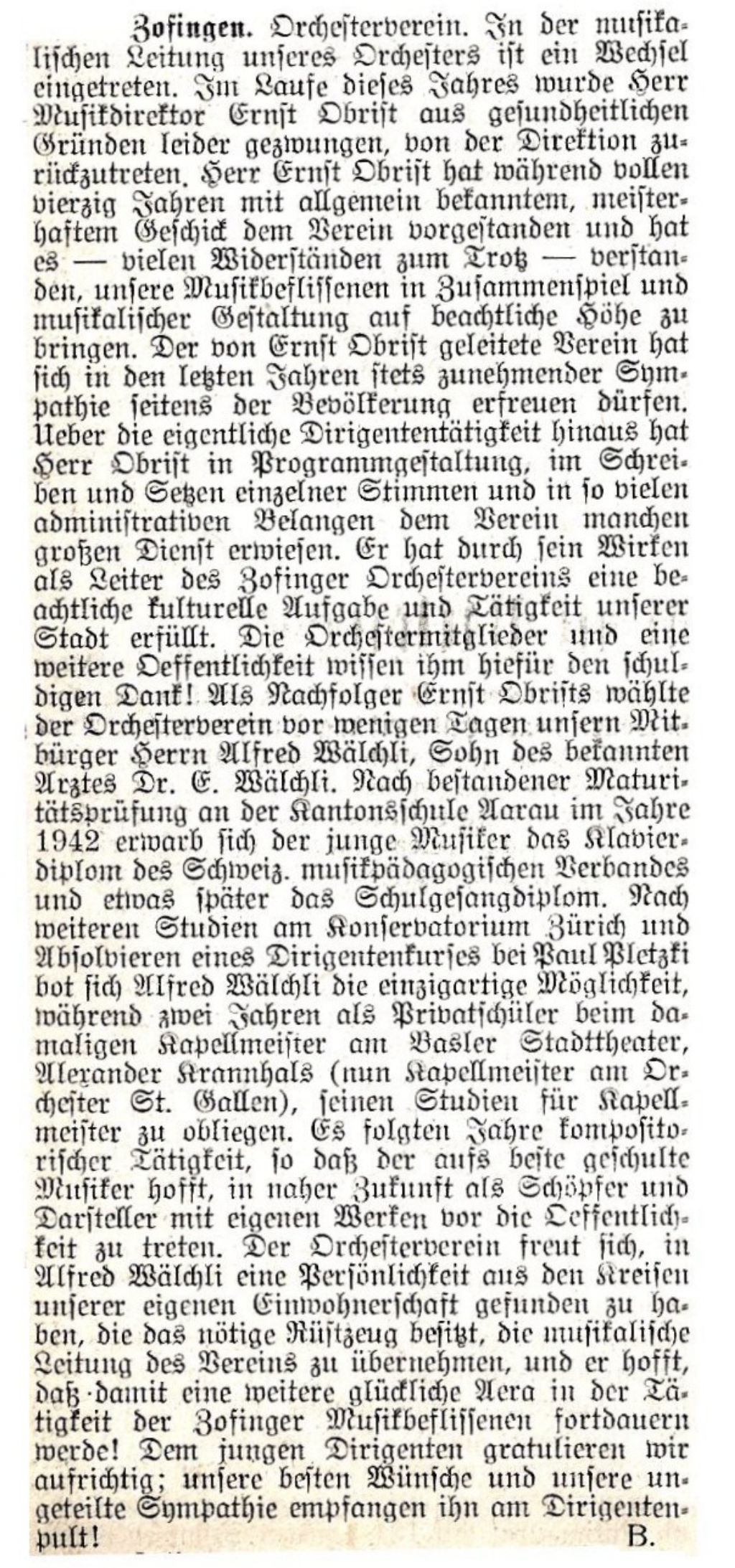 Alfred Wälchli im Zofinger Tagblatt